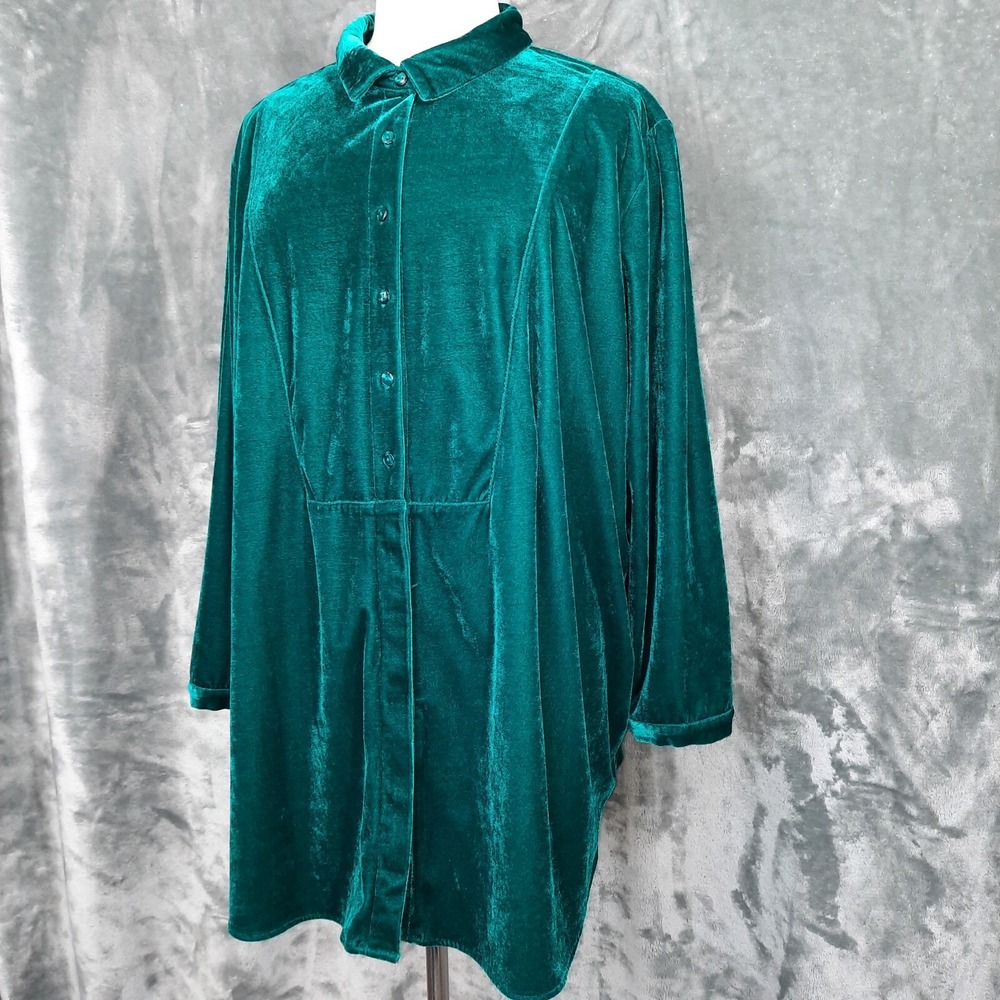 Woman Within Velvet Tunic Top Womens 4X Teal Green Button Front Boho Career Luxe